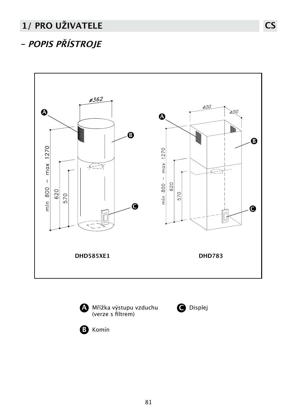 Popis přístroje, 1/ pro uživatele cs | DE DIETRICH DHD585XE1 User Manual | Page 81 / 152