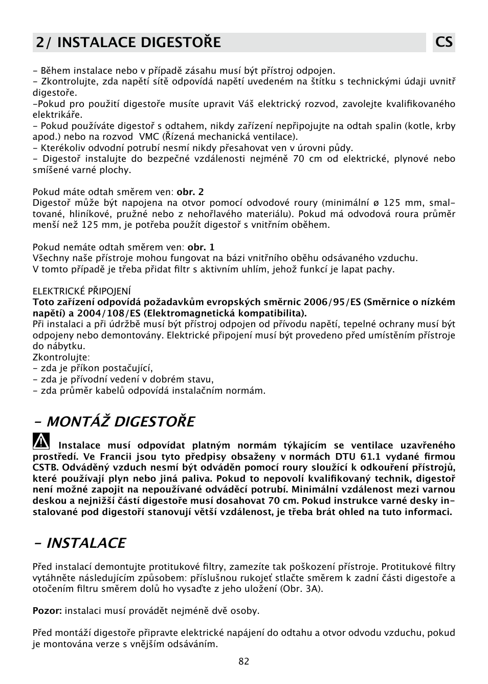 Montáž digestoře, Instalace, 2/ instalace digestoře cs | DE DIETRICH DHD585XE1 User Manual | Page 82 / 152