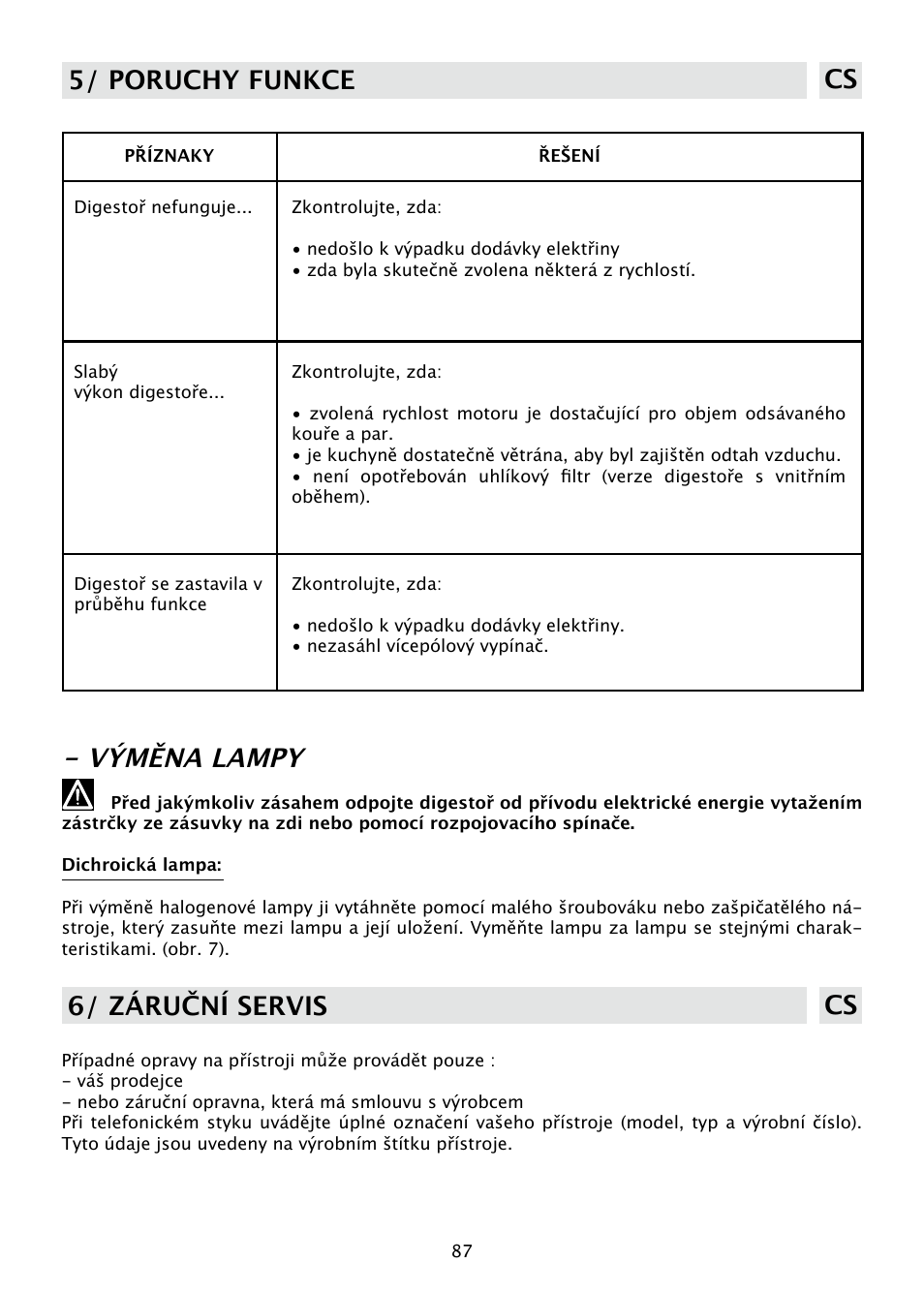 Výměna lampy, 5/ poruchy funkce cs, 6/ záruční servis cs | DE DIETRICH DHD585XE1 User Manual | Page 87 / 152