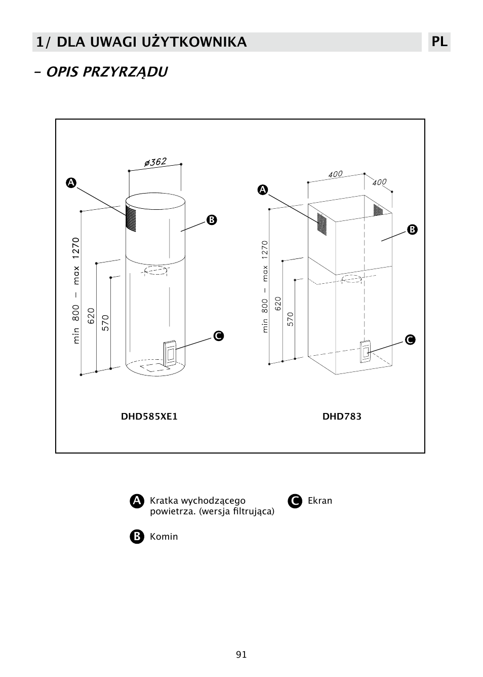 Opis przyrządu, 1/ dla uwagi użytkownika pl | DE DIETRICH DHD585XE1 User Manual | Page 91 / 152