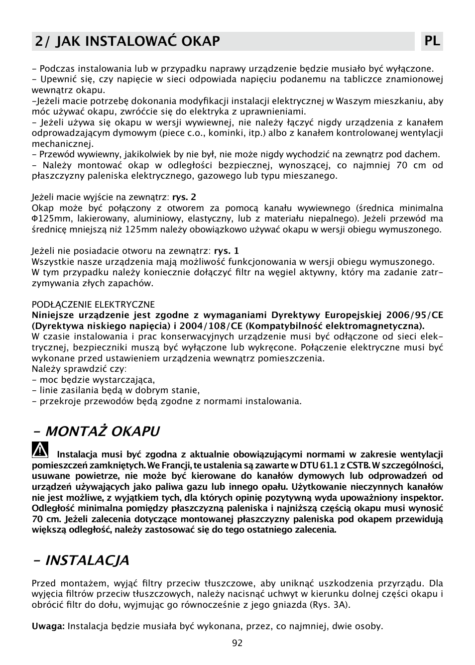 Montaż okapu, Instalacja, 2/ jak instalować okap pl | DE DIETRICH DHD585XE1 User Manual | Page 92 / 152