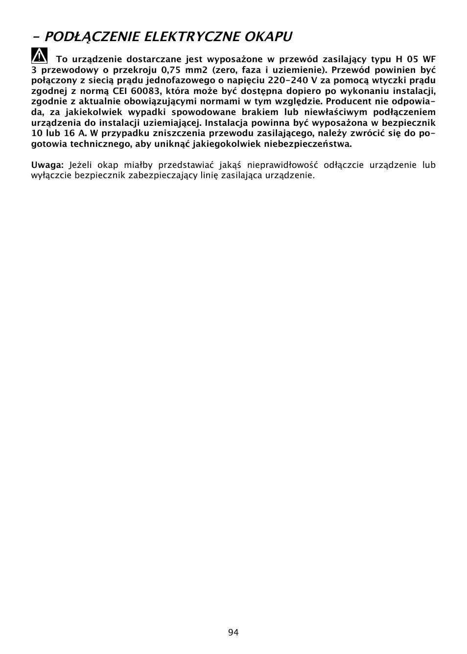 Podłączenie elektryczne okapu | DE DIETRICH DHD585XE1 User Manual | Page 94 / 152