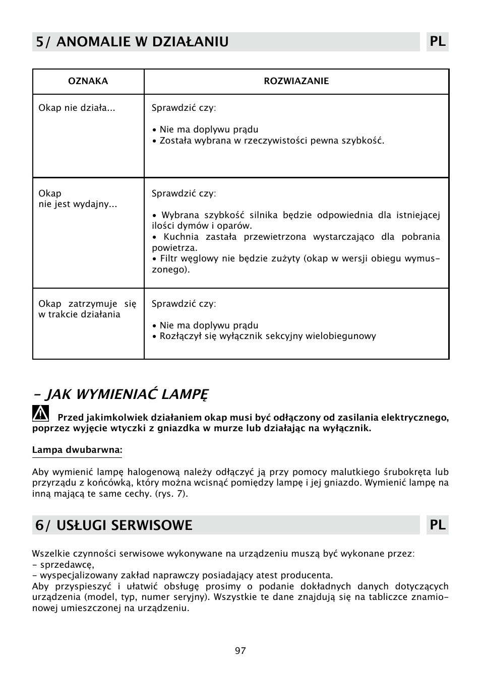 Jak wymieniać lampę, 5/ anomalie w działaniu pl, 6/ usługi serwisowe pl | DE DIETRICH DHD585XE1 User Manual | Page 97 / 152