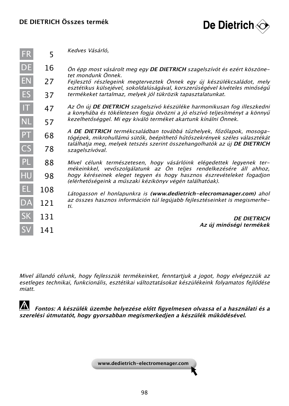 DE DIETRICH DHD585XE1 User Manual | Page 98 / 152