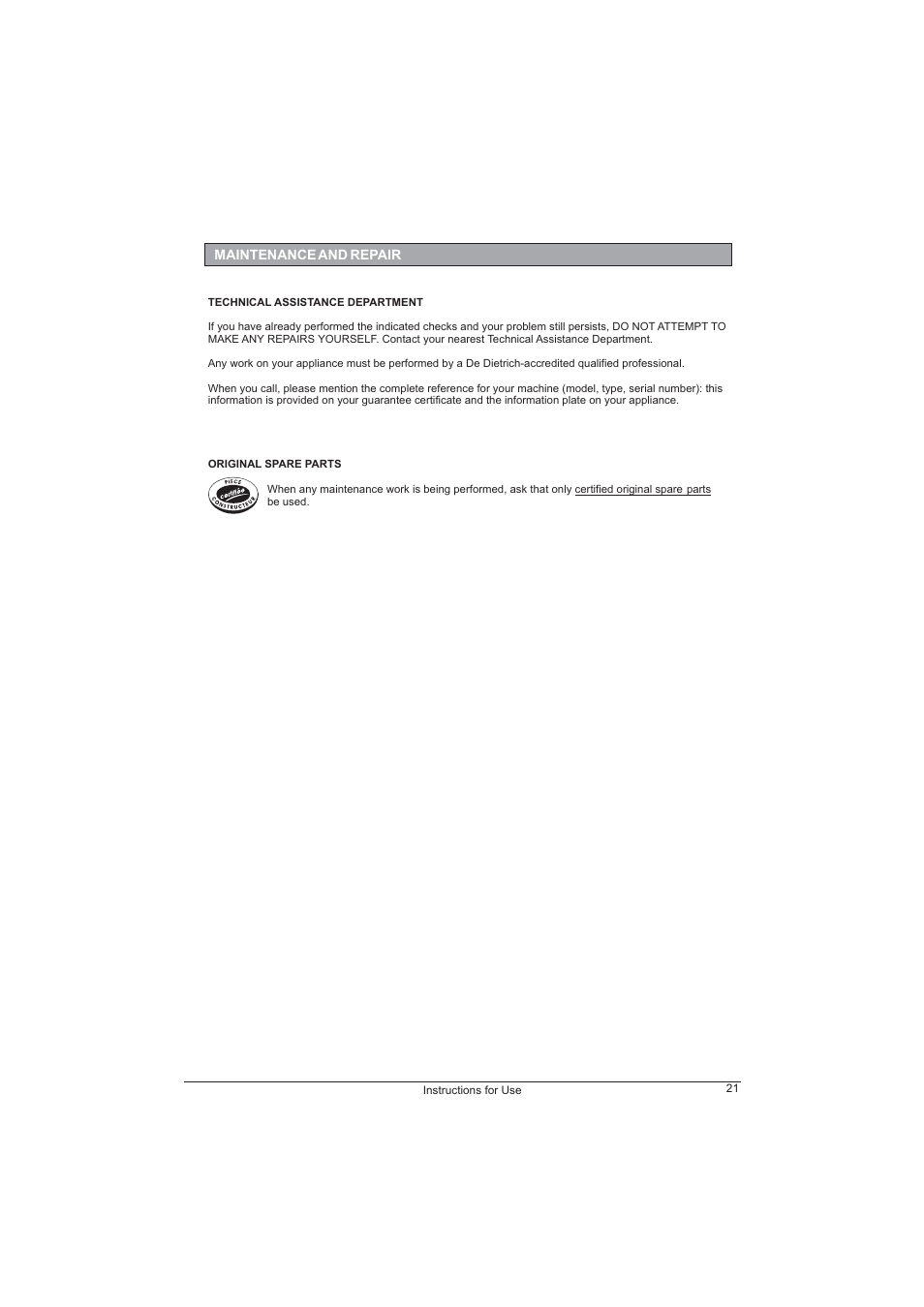 DE DIETRICH DFF1310J User Manual | Page 10 / 10