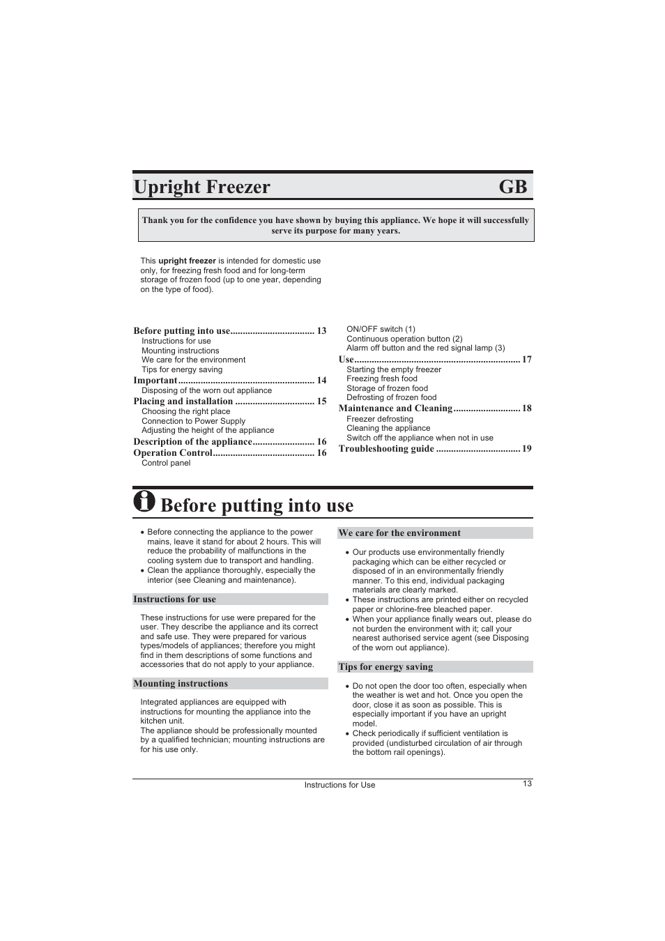 Upright freezer gb, Before putting into use | DE DIETRICH DFF1310J User Manual | Page 2 / 10