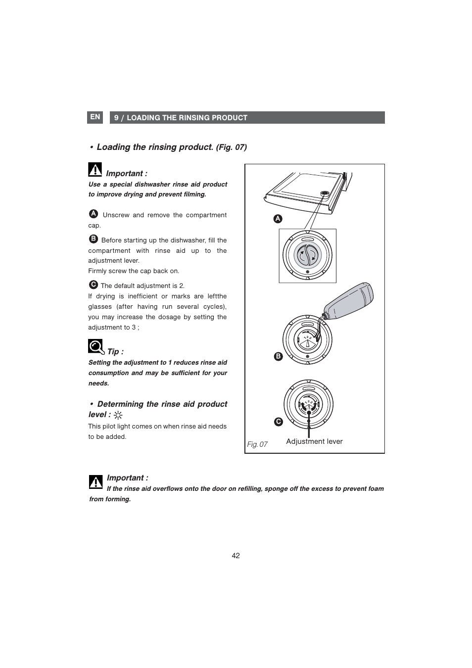 Loading the rinsing product, Important, Determining the rinse aid product level | Fig. 07) | DE DIETRICH DQC840BE1 User Manual | Page 13 / 31