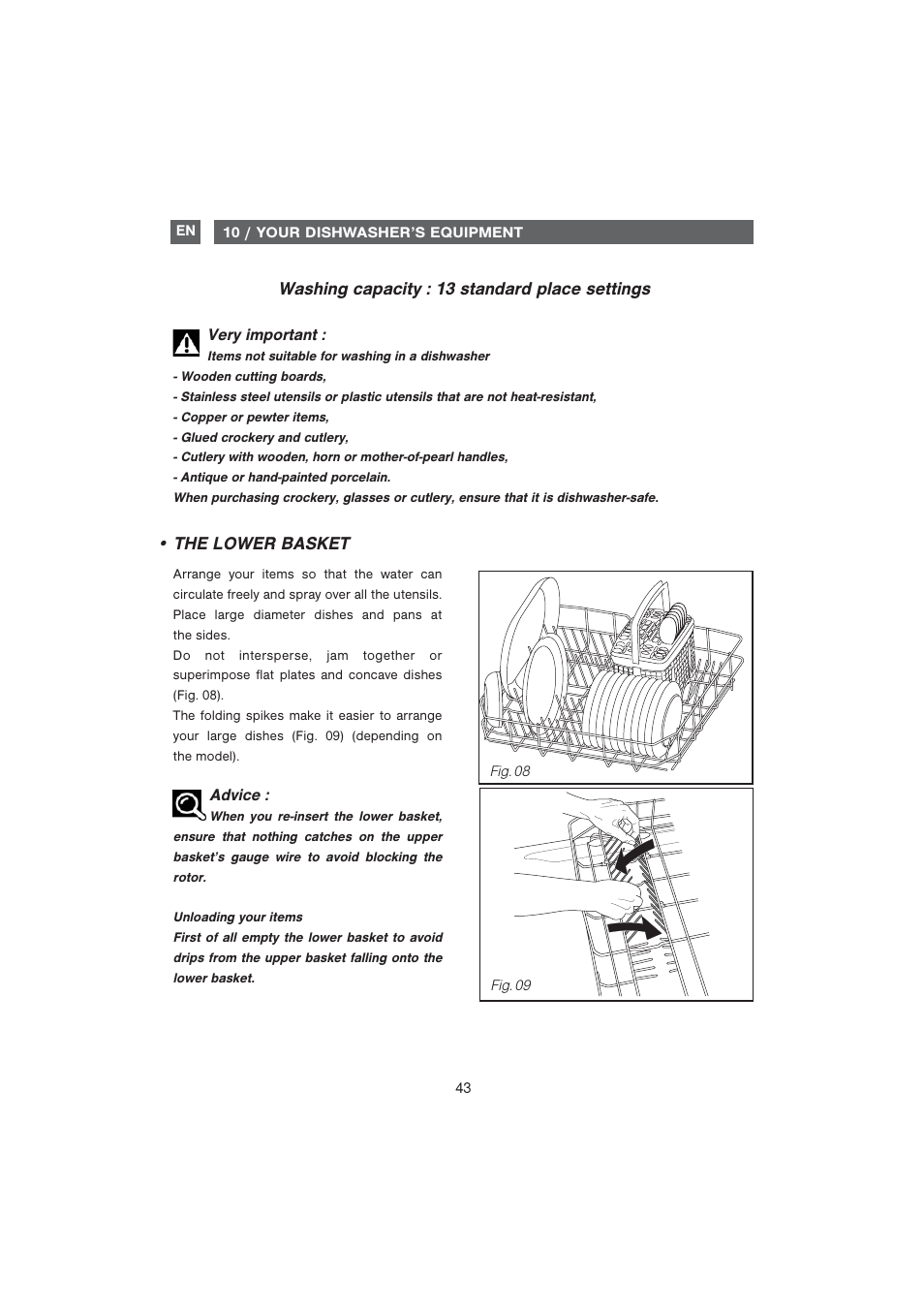 The lower basket, Washing capacity : 13 standard place settings | DE DIETRICH DQC840BE1 User Manual | Page 14 / 31