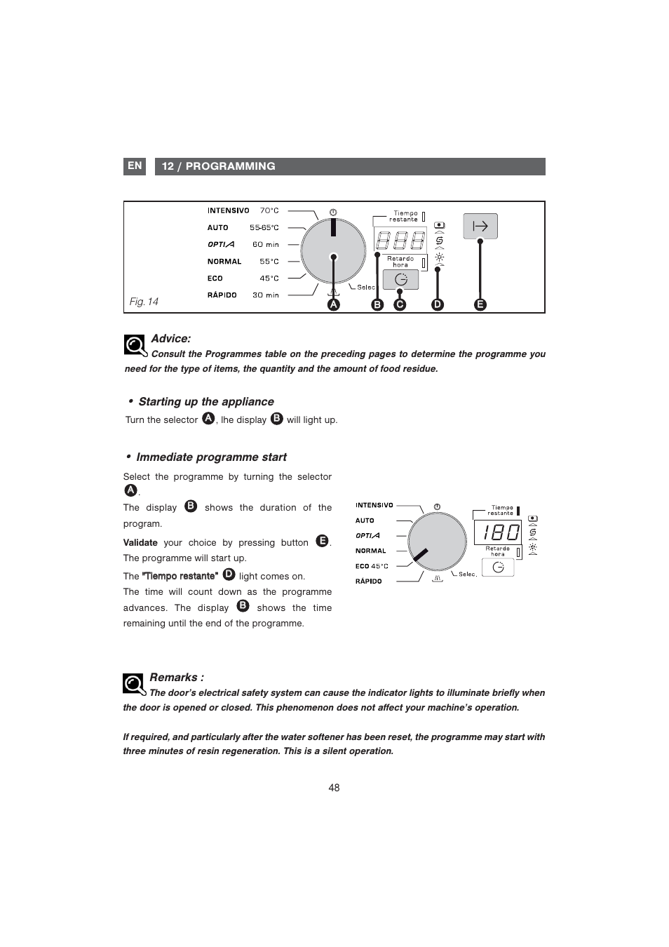 Immediate programme start, Starting up the appliance, Advice | Remarks | DE DIETRICH DQC840BE1 User Manual | Page 19 / 31