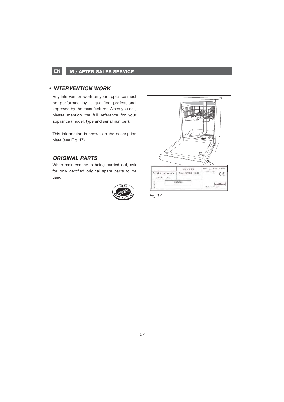 Intervention work, Original parts | DE DIETRICH DQC840BE1 User Manual | Page 28 / 31