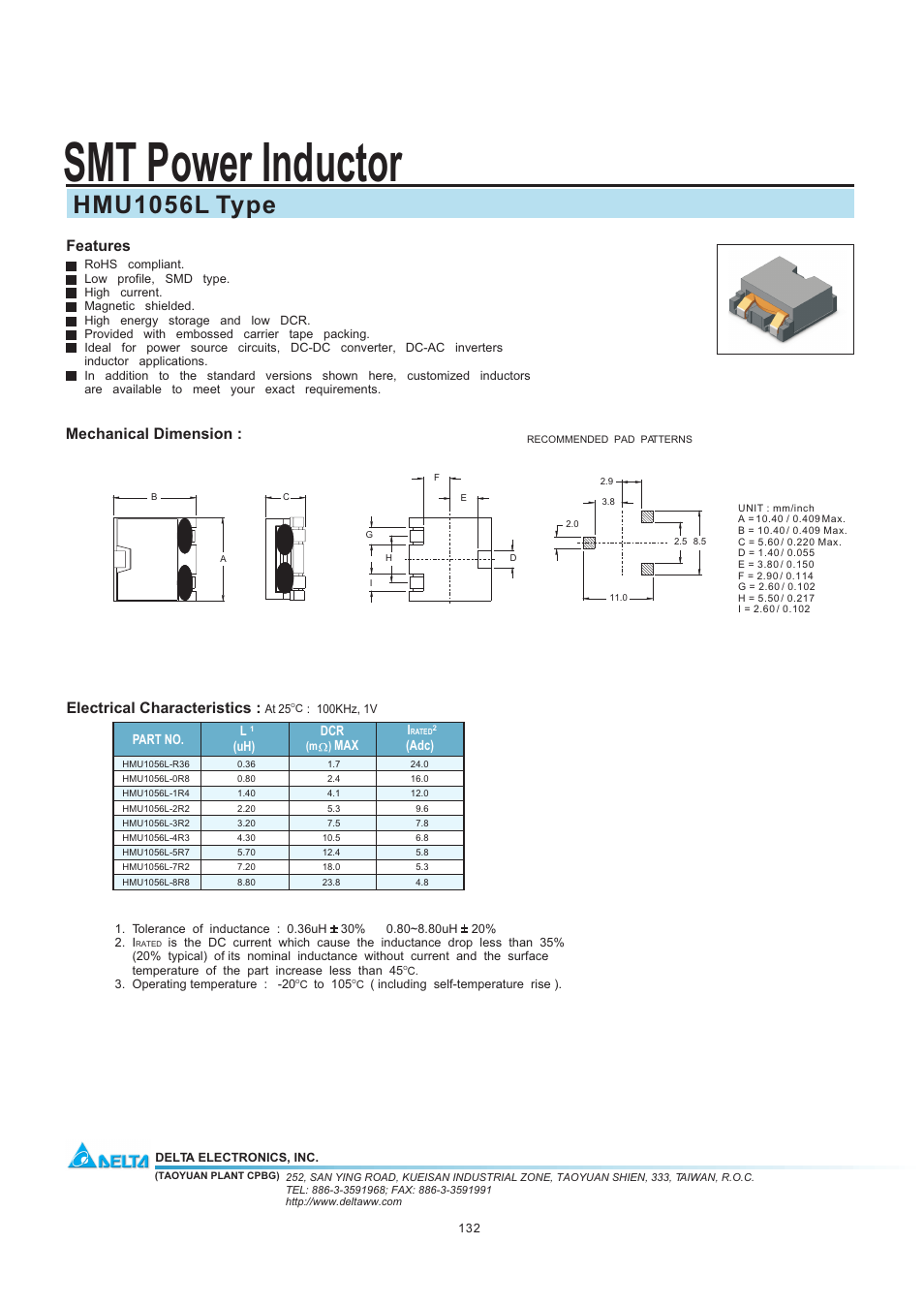 Delta Electronics SMT Power Inductor HMU1056L User Manual | 1 page