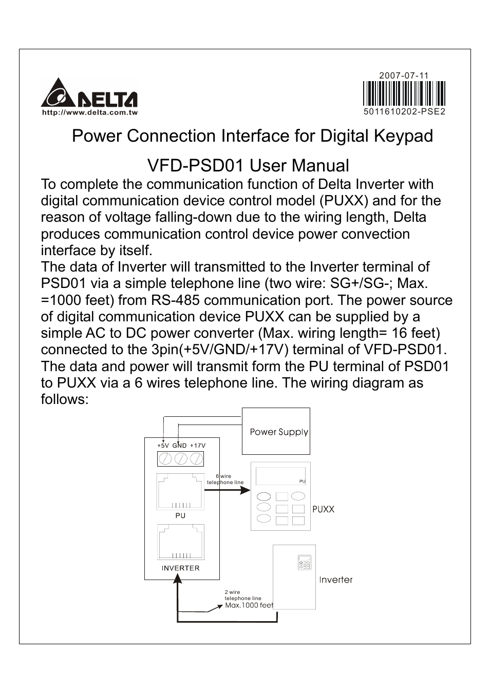 Delta Electronics Power Connection Interface VFD-PSD01 User Manual | 1 page