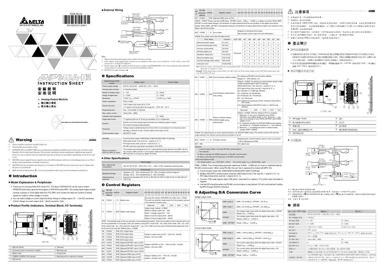 Delta Electronics Programmable Logic Controller DVP04DA-H2 User Manual | 2 pages