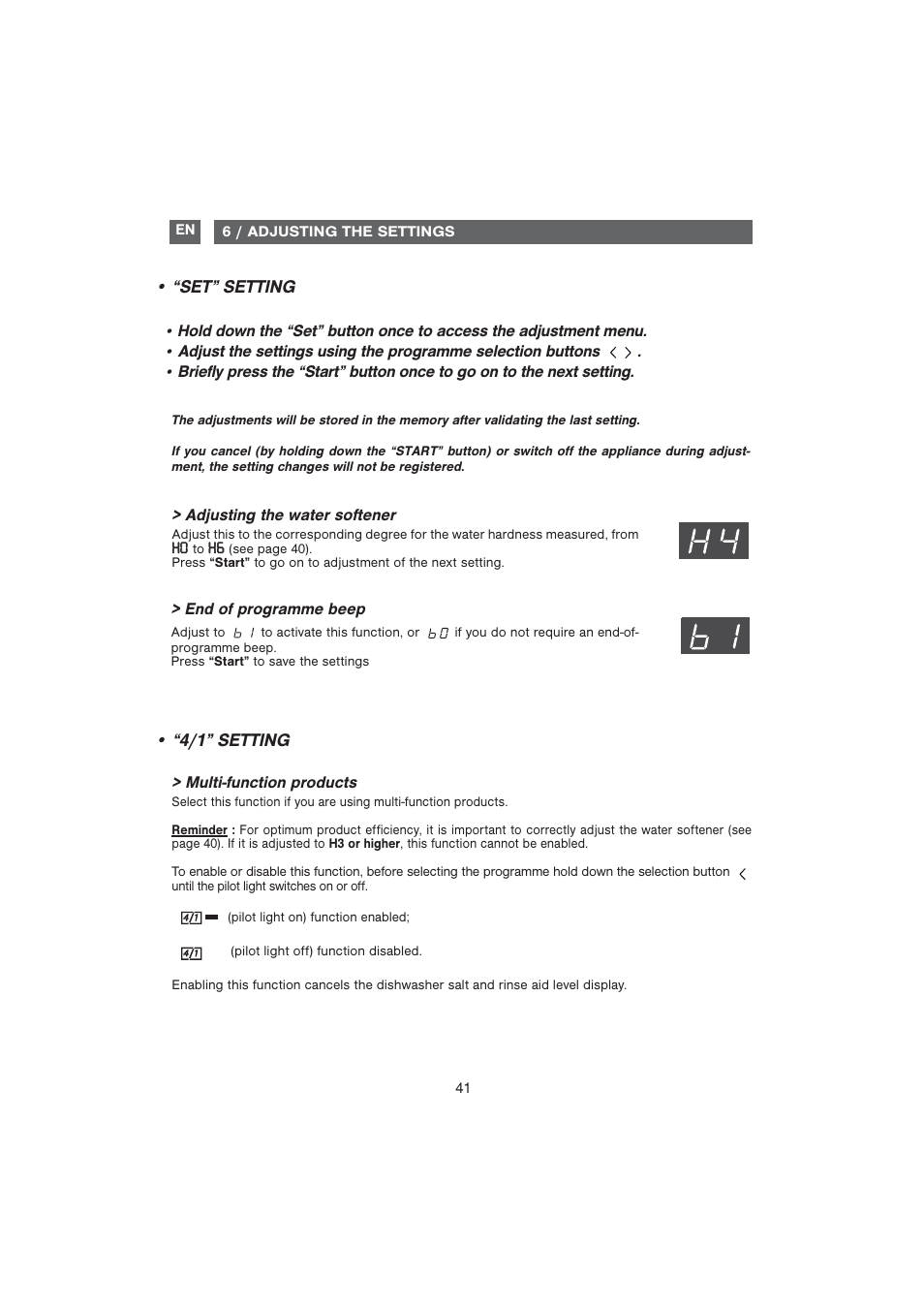 Set” setting, 4/1” setting | DE DIETRICH DVF1280 User Manual | Page 10 / 33