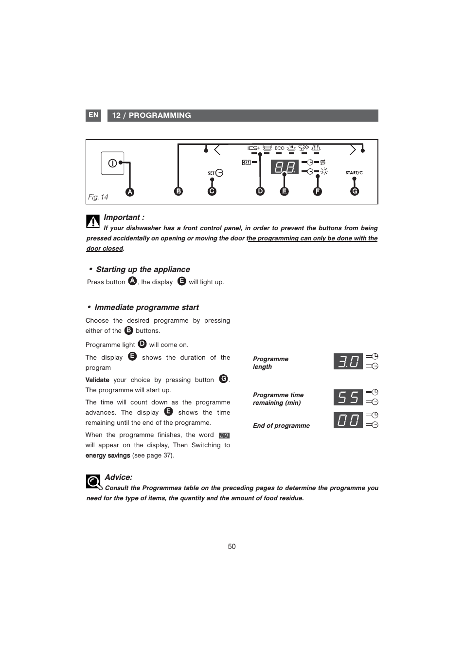 Important, Immediate programme start, Starting up the appliance | Advice | DE DIETRICH DVF1280 User Manual | Page 19 / 33