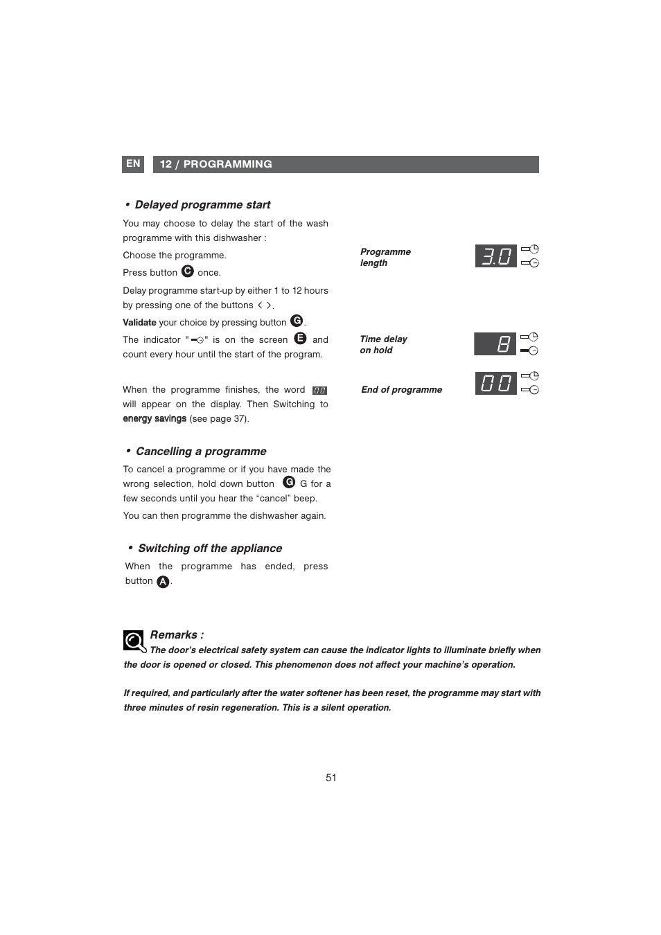 Delayed programme start, Cancelling a programme, Remarks | Switching off the appliance | DE DIETRICH DVF1280 User Manual | Page 20 / 33