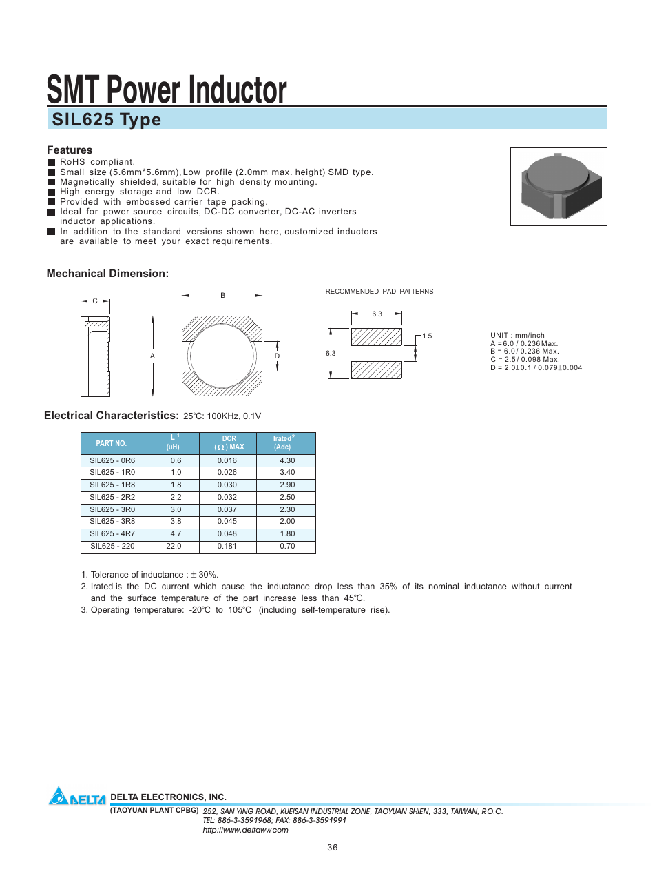 Delta Electronics SMT Power Inductor SIL625 User Manual | 1 page