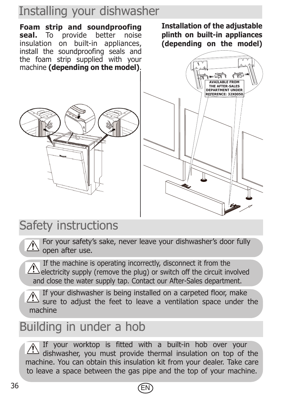 Installing your dishwasher, Safety instructions building in under a hob | DE DIETRICH DVF300JE1 User Manual | Page 7 / 7