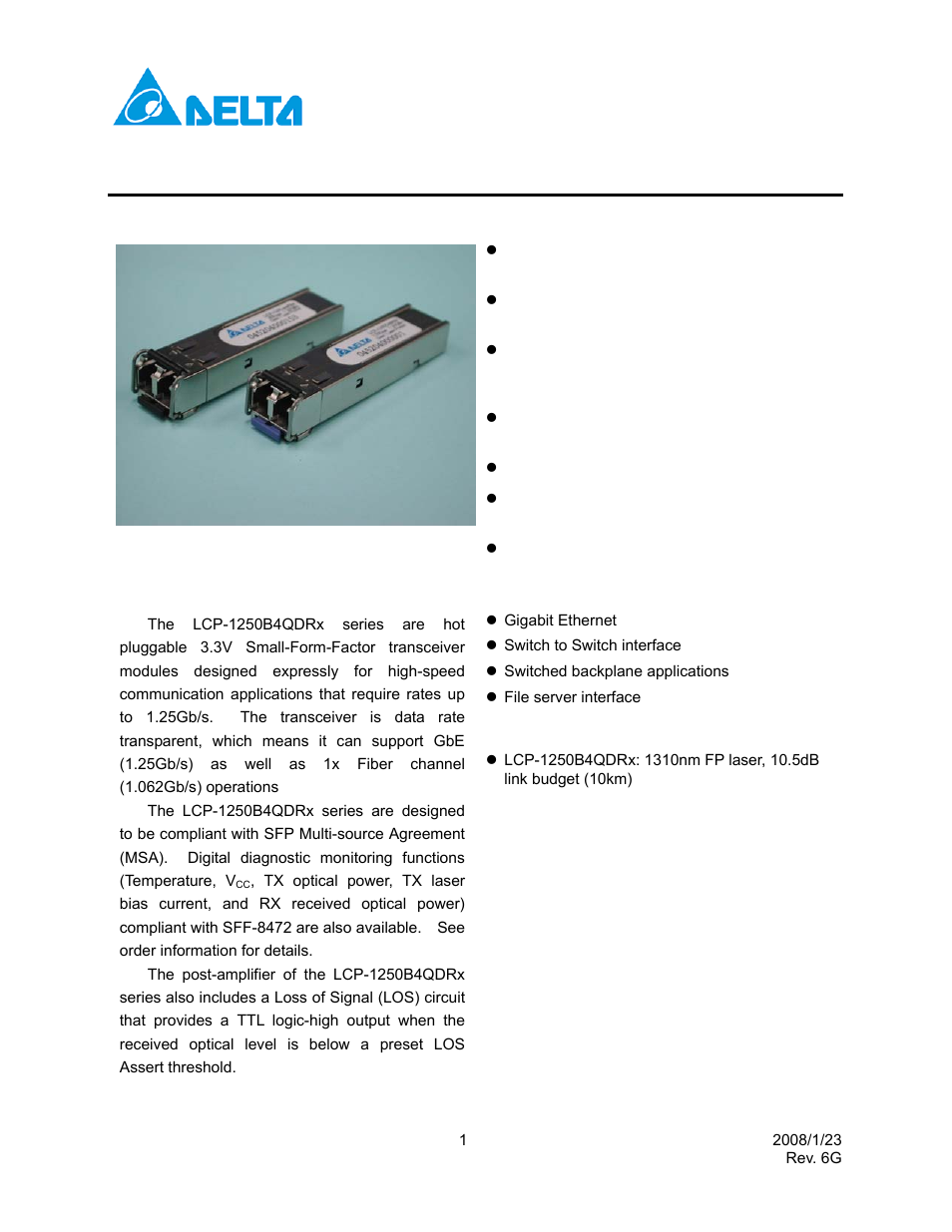 Delta Electronics Single Mode SFP Transceiver LCP-1250B4QDRx User Manual | 13 pages