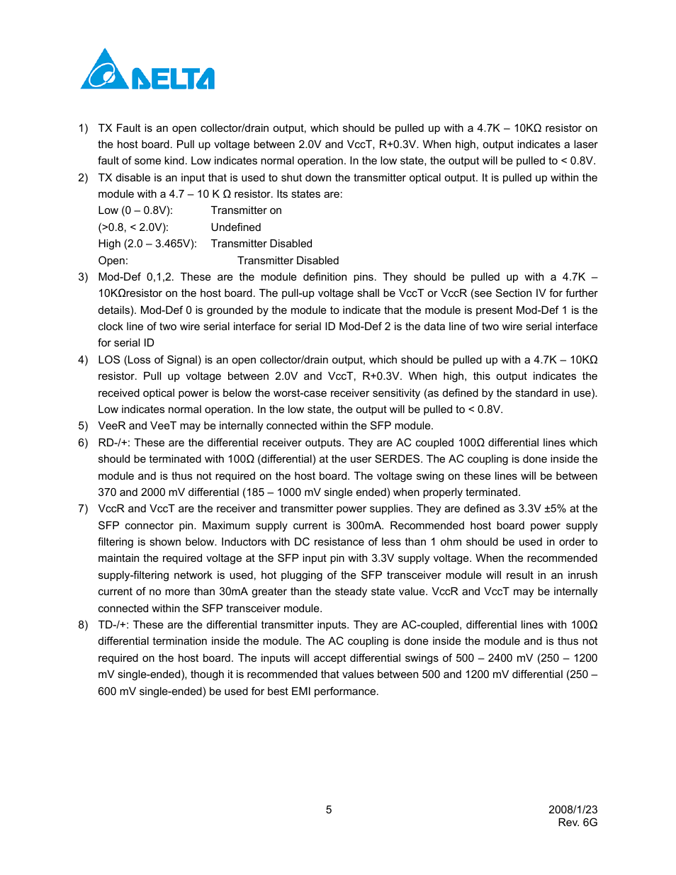 Delta Electronics Single Mode SFP Transceiver LCP-1250B4QDRx User Manual | Page 5 / 13