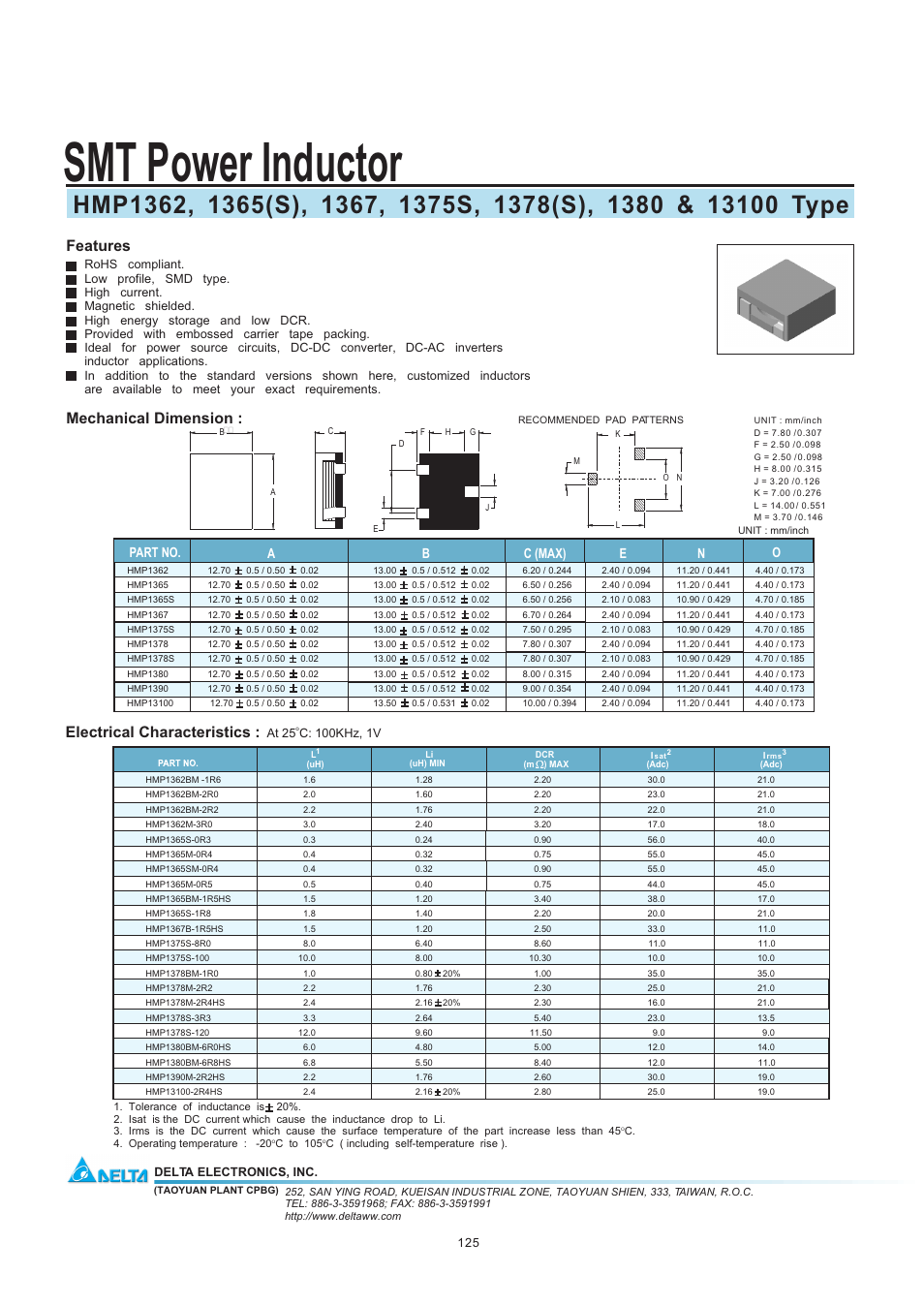 Delta Electronics SMT Power Inductor 1380 User Manual | 1 page