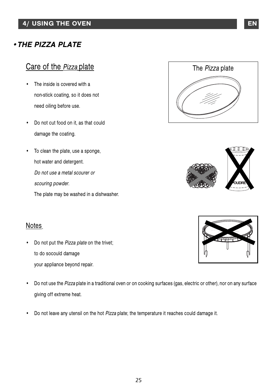 Care of the, Plate, The pizza plate | Pizza | DE DIETRICH DME1129 User Manual | Page 25 / 29