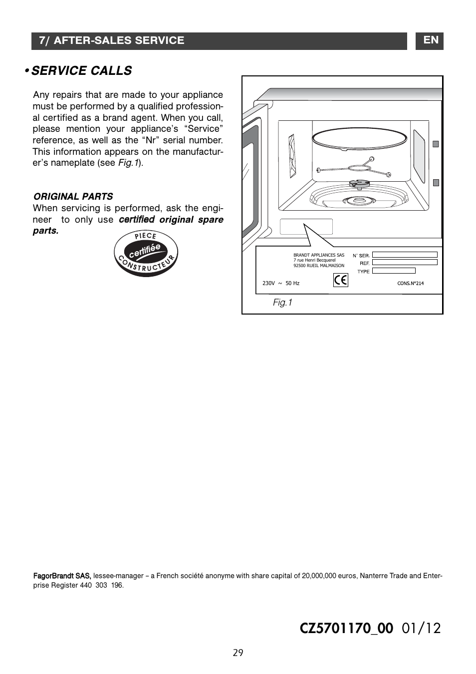 Service calls, 7/ after-sales service | DE DIETRICH DME1129 User Manual | Page 29 / 29