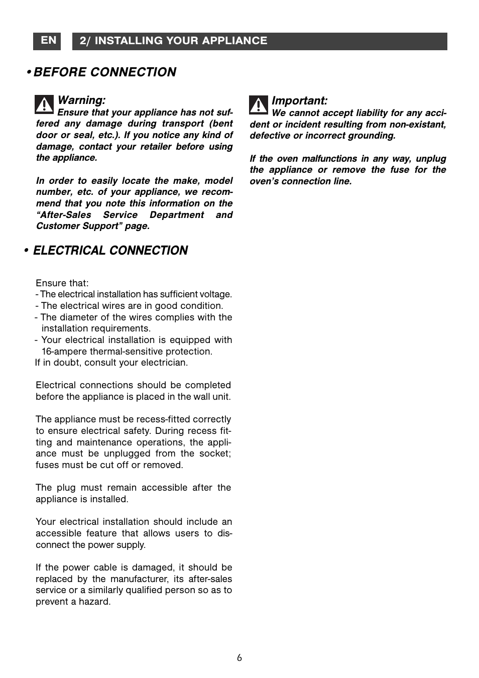 Before connection • electrical connection, Warning, Important | DE DIETRICH DME1129 User Manual | Page 6 / 29