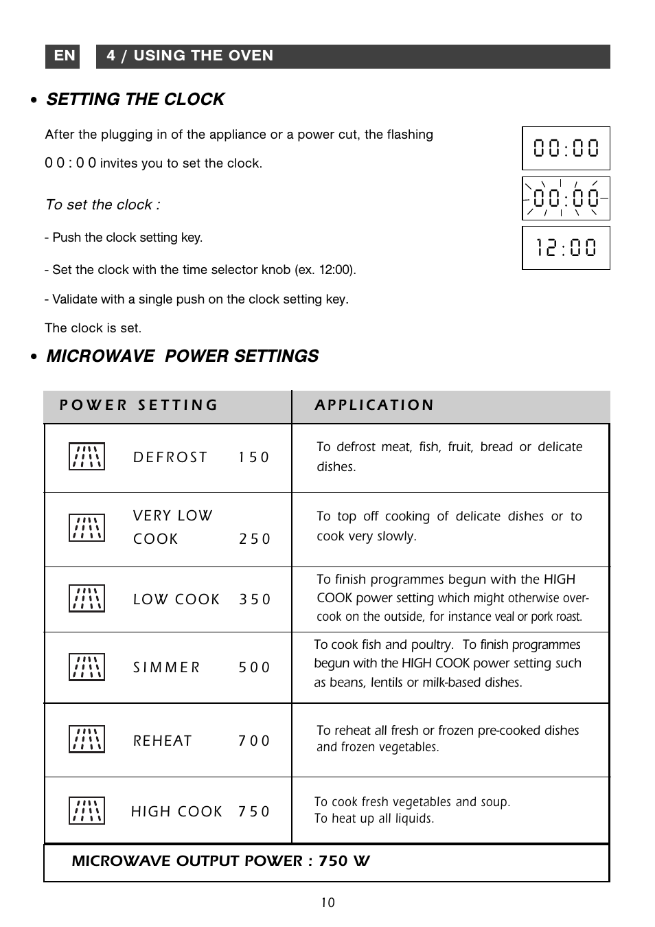 Setting the clock, Microwave power settings | DE DIETRICH DME1115 User Manual | Page 10 / 16