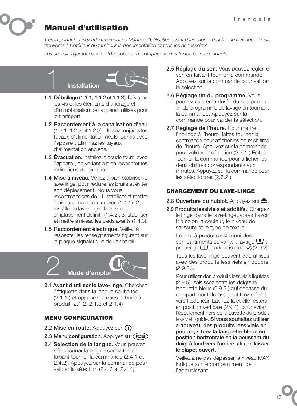 Manuel d’utilisation | DE DIETRICH DFW1084WA User Manual | Page 13 / 56