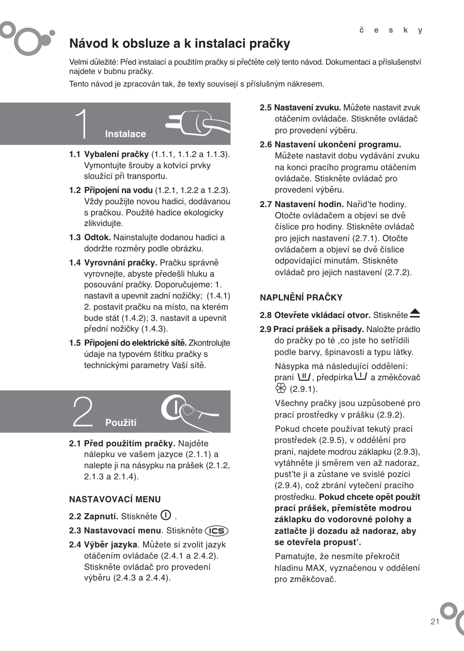 Návod k obsluze a k instalaci pračky | DE DIETRICH DFW1084WA User Manual | Page 21 / 56