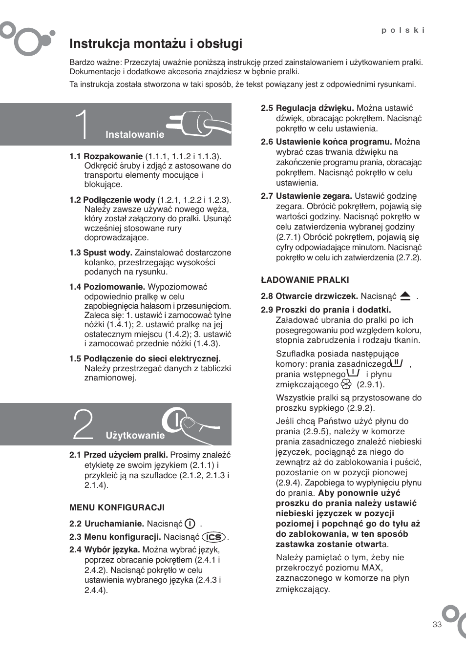 Instrukcja montażu i obsługi | DE DIETRICH DFW1084WA User Manual | Page 33 / 56