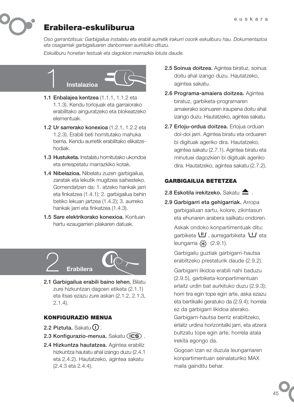 Erabilera-eskuliburua | DE DIETRICH DFW1084WA User Manual | Page 45 / 56