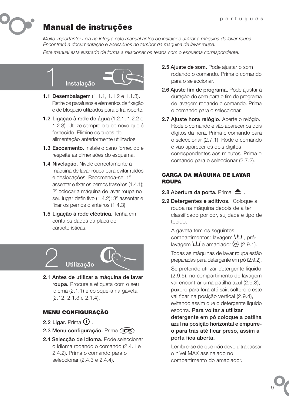 Manual de instruções | DE DIETRICH DFW1084WA User Manual | Page 9 / 56
