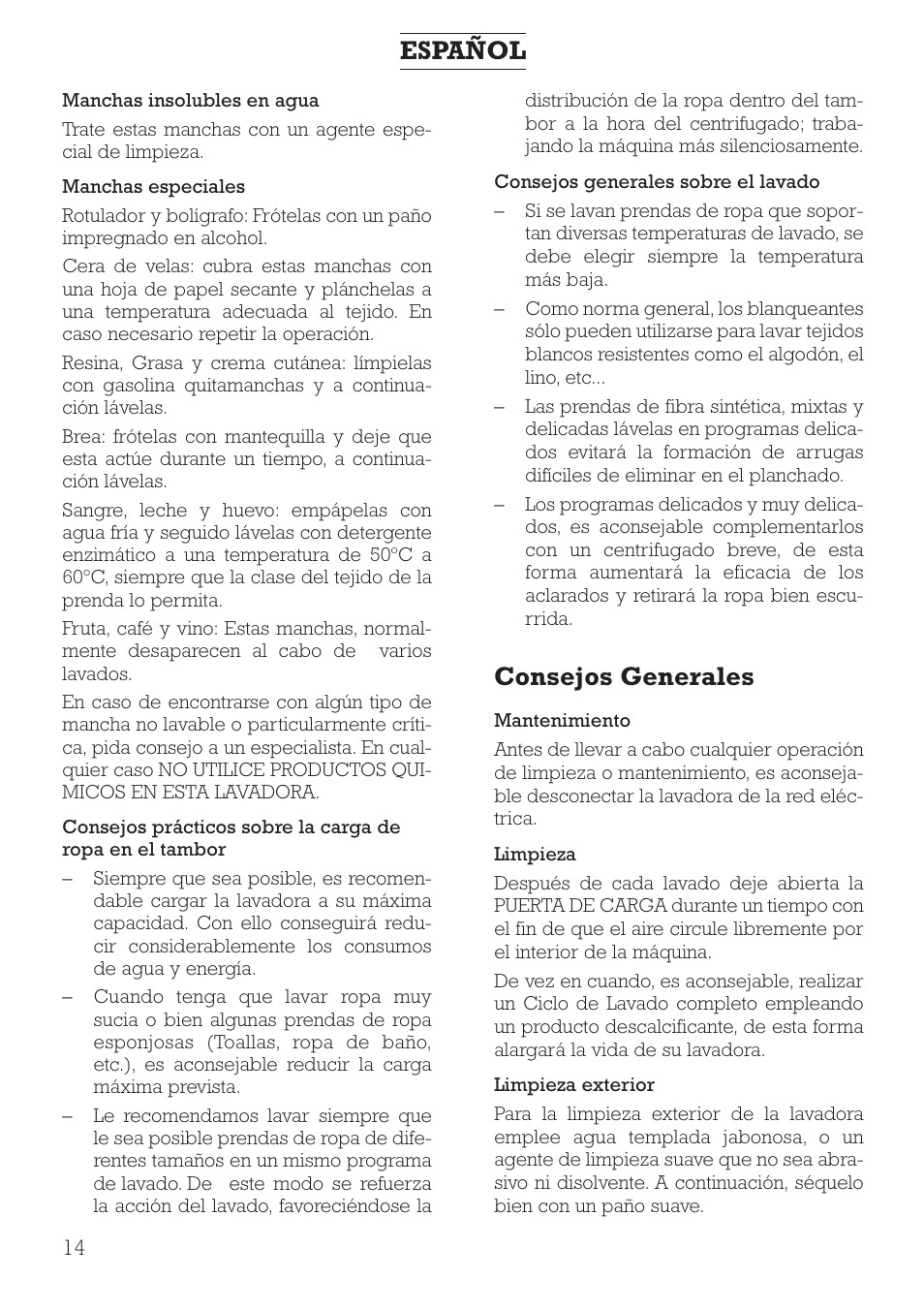 Consejos generales, Español | DE DIETRICH DLZ491JE1 User Manual | Page 14 / 88