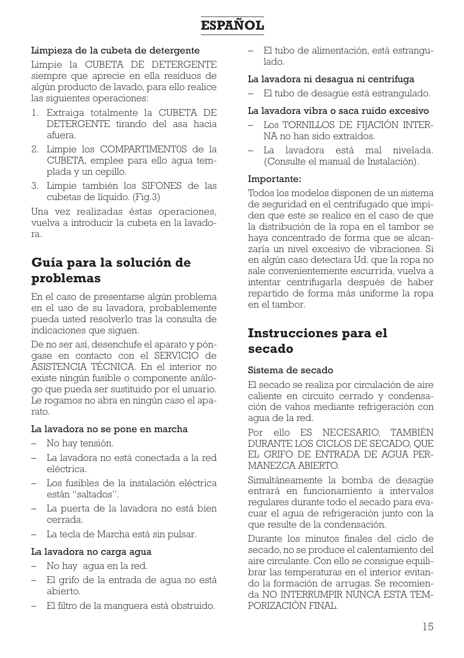 Guía para la solución de problemas, Instrucciones para el secado, Español | DE DIETRICH DLZ491JE1 User Manual | Page 15 / 88