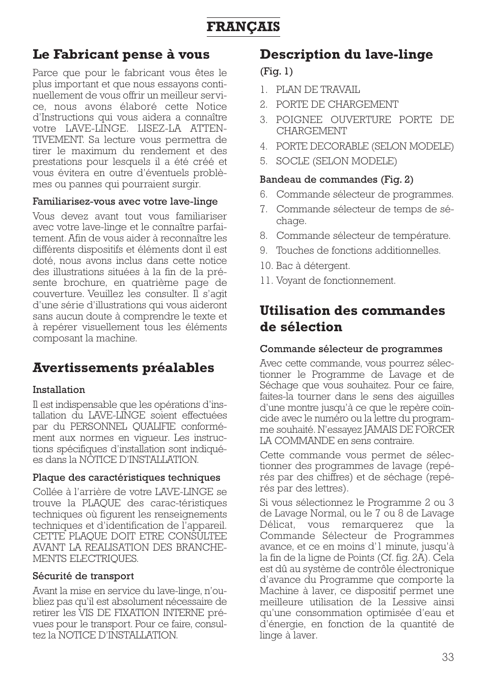 Le fabricant pense à vous, Avertissements préalables, Description du lave-linge | Utilisation des commandes de sélection, Français | DE DIETRICH DLZ491JE1 User Manual | Page 33 / 88