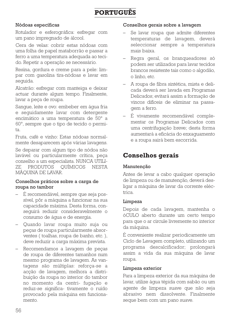 Conselhos gerais, Português | DE DIETRICH DLZ491JE1 User Manual | Page 56 / 88