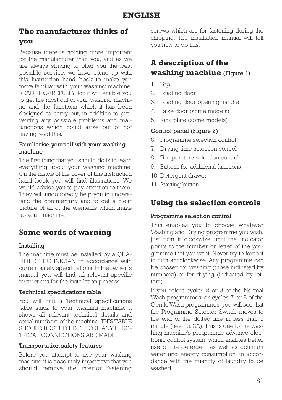 The manufacturer thinks of you, Some words of warning, A description of the washing machine | Using the selection controls, English | DE DIETRICH DLZ491JE1 User Manual | Page 61 / 88