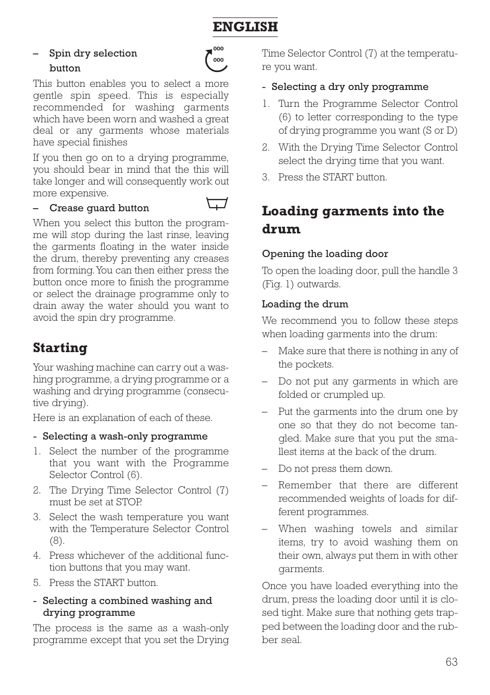 Starting, Loading garments into the drum, English | DE DIETRICH DLZ491JE1 User Manual | Page 63 / 88