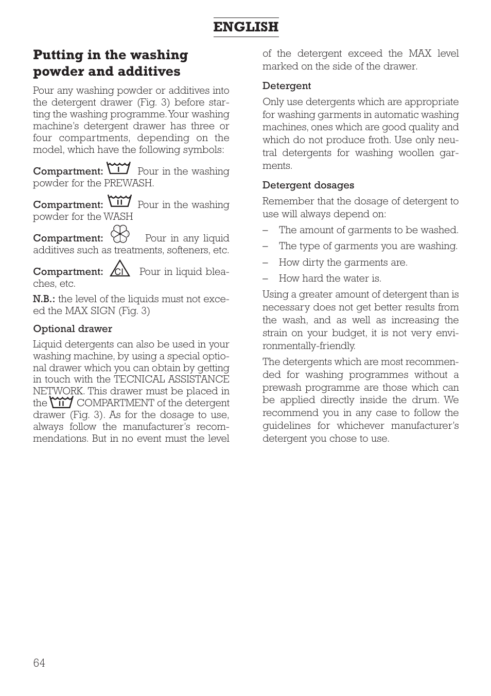 Putting in the washing powder and additives, English | DE DIETRICH DLZ491JE1 User Manual | Page 64 / 88