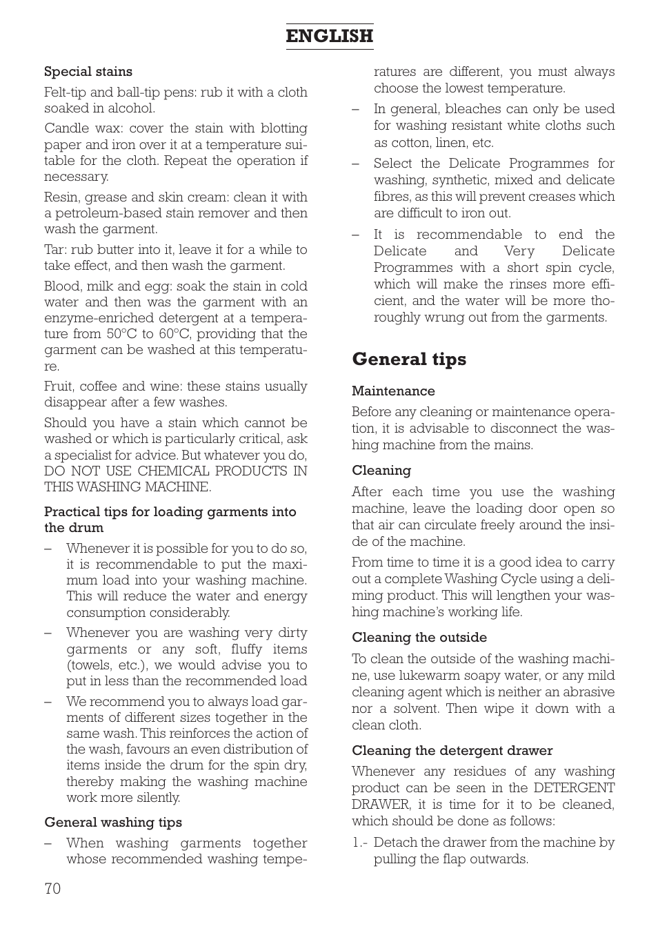 General tips, English | DE DIETRICH DLZ491JE1 User Manual | Page 70 / 88