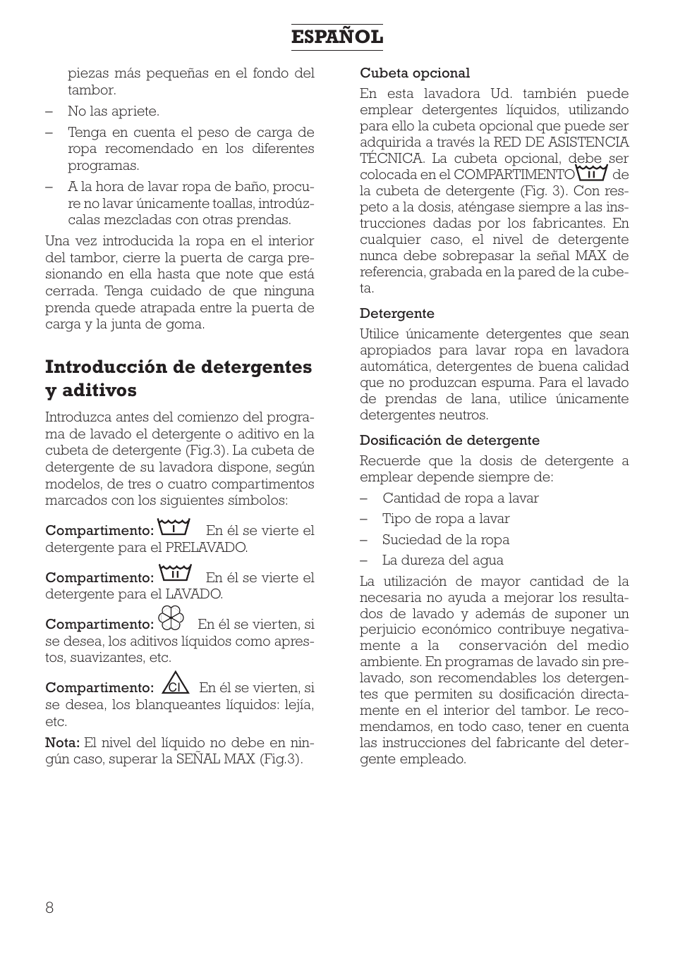 Español, Introducción de detergentes y aditivos | DE DIETRICH DLZ491JE1 User Manual | Page 8 / 88