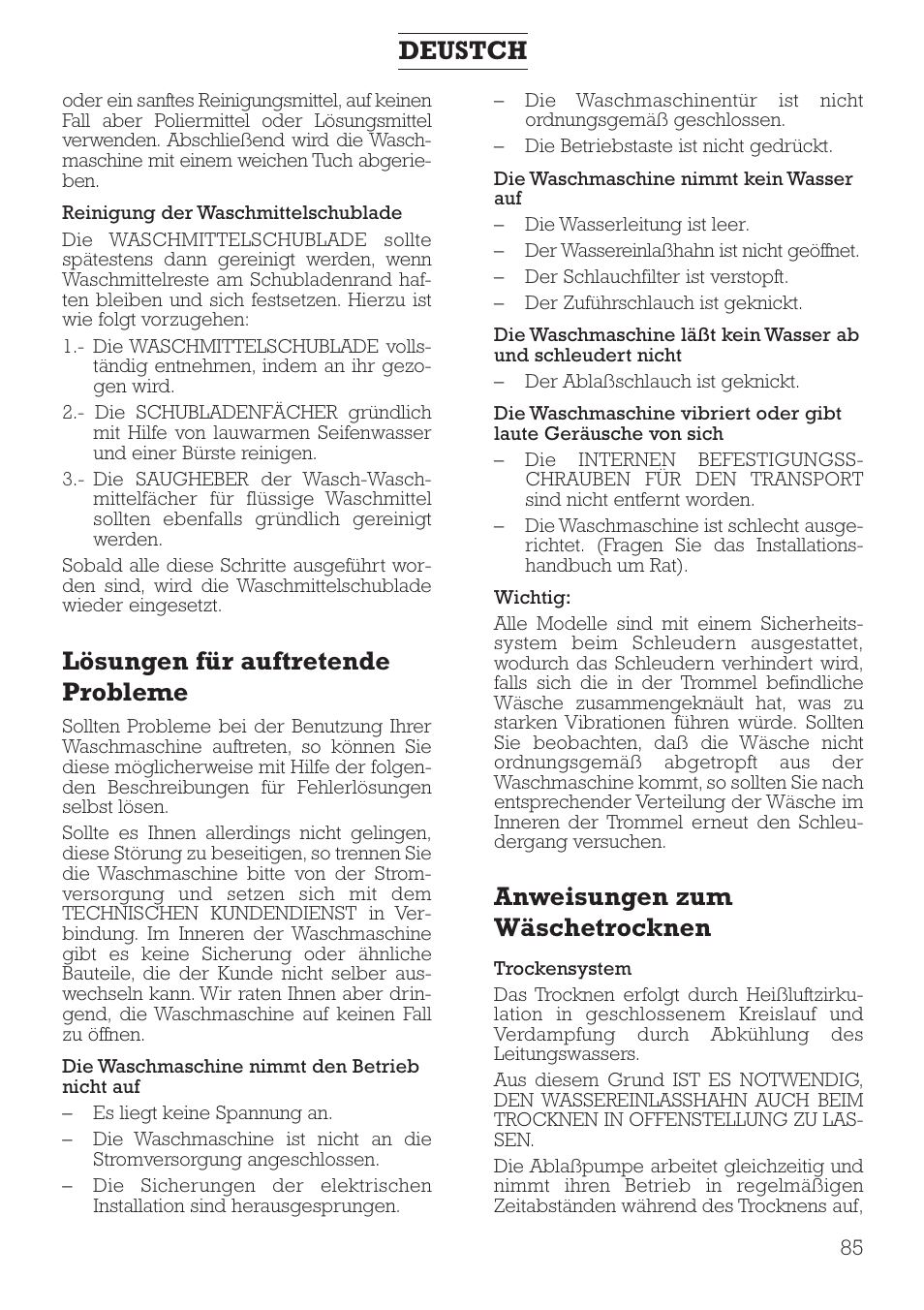 Lösungen für auftretende probleme, Anweisungen zum wäschetrocknen, Deustch | DE DIETRICH DLZ491JE1 User Manual | Page 85 / 88