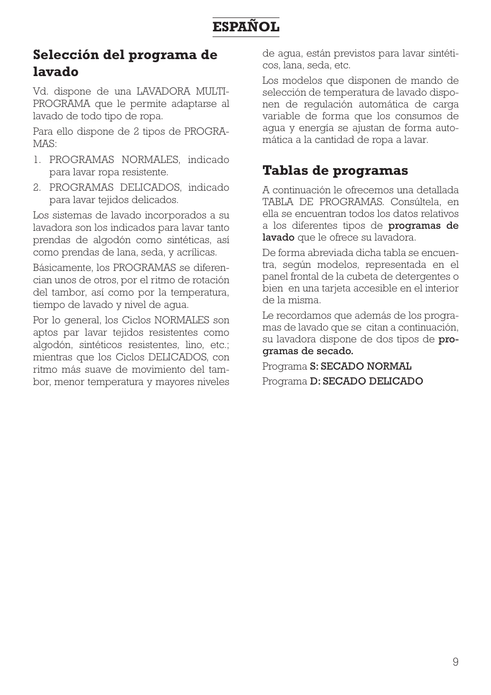 Español, Selección del programa de lavado, Tablas de programas | DE DIETRICH DLZ491JE1 User Manual | Page 9 / 88