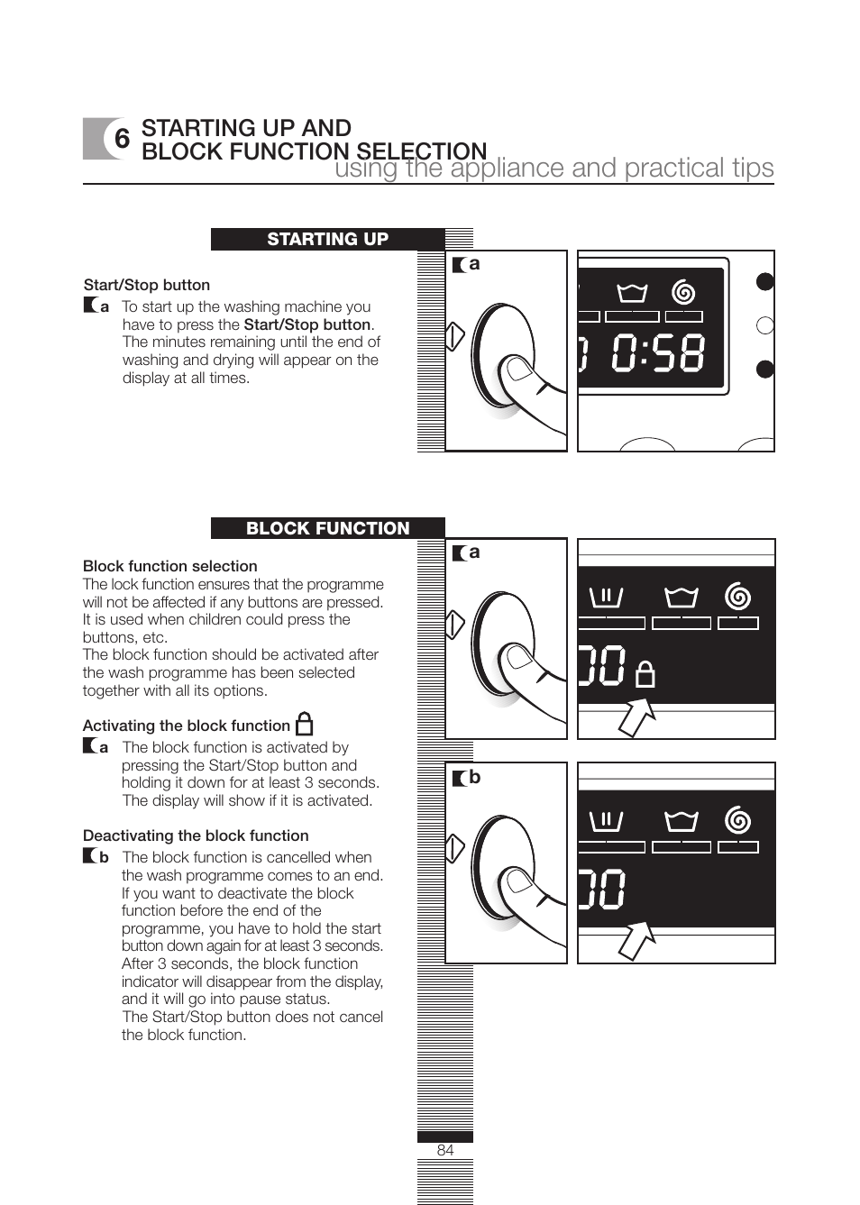 Using the appliance and practical tips, Starting up and block function selection | DE DIETRICH DLZ614BE1 User Manual | Page 38 / 46