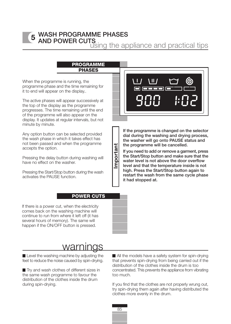 Warnings, Using the appliance and practical tips, Wash programme phases and power cuts | DE DIETRICH DLZ614BE1 User Manual | Page 39 / 46