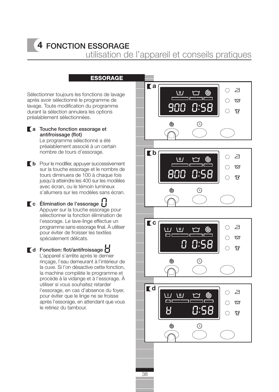 Utilisation de l’appareil et conseils pratiques, Fonction essorage | DE DIETRICH DLZ614JE1 User Manual | Page 38 / 92