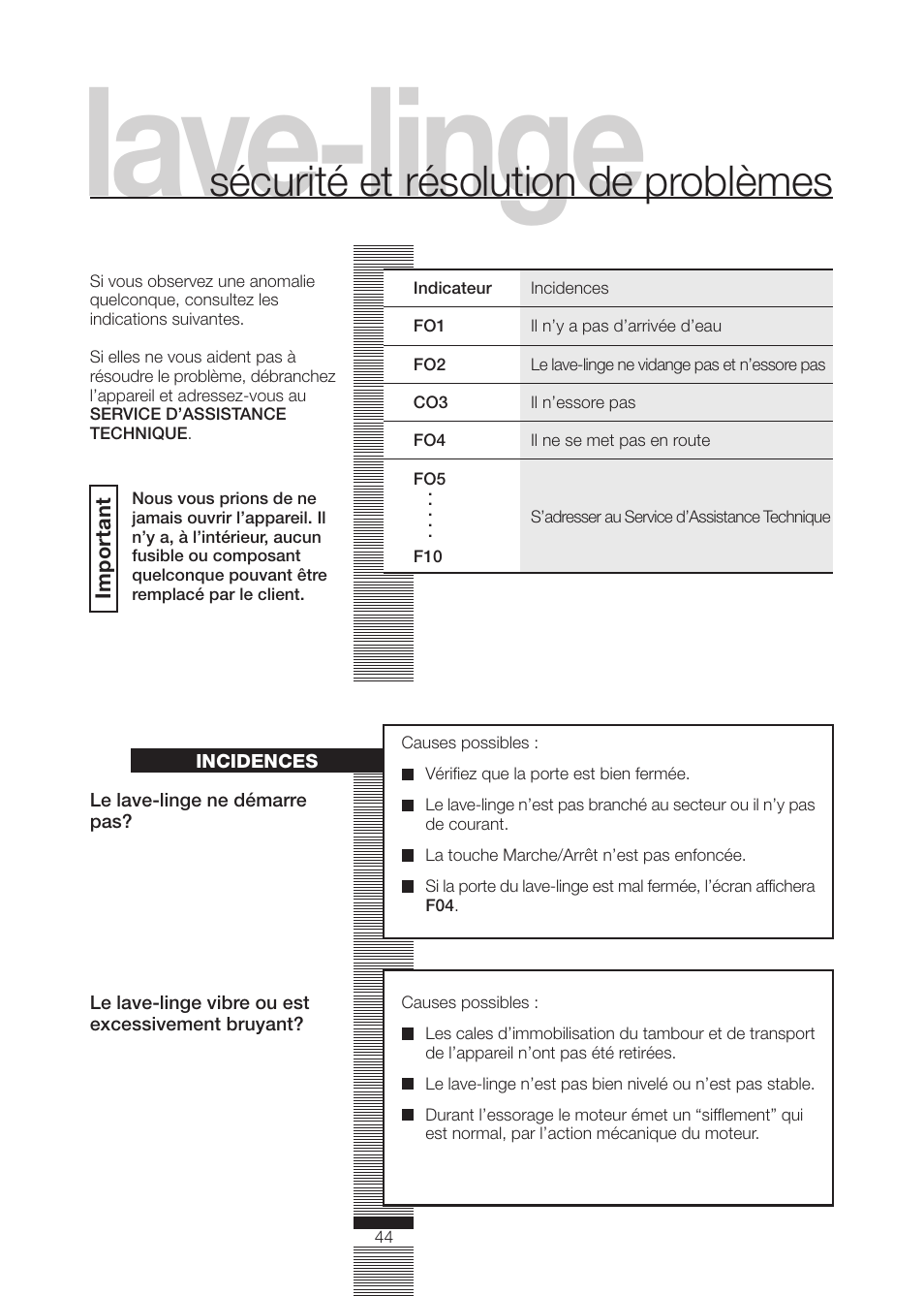 Lave-linge, Sécurité et résolution de problèmes | DE DIETRICH DLZ614JE1 User Manual | Page 44 / 92