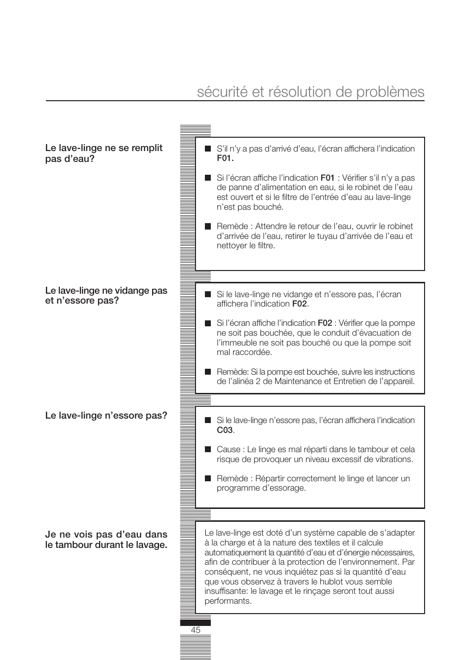 Sécurité et résolution de problèmes | DE DIETRICH DLZ614JE1 User Manual | Page 45 / 92